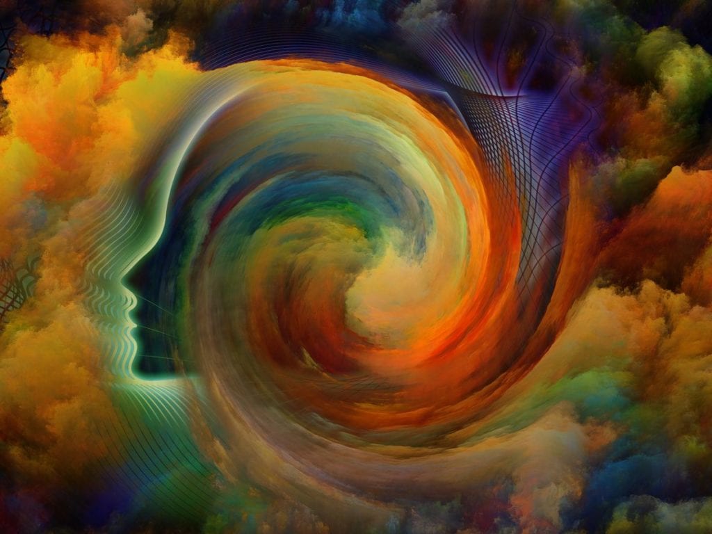 A painting of a head with colorful swirling background